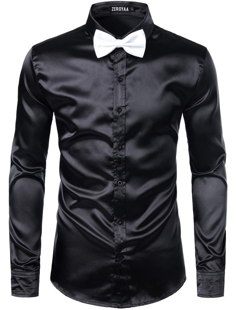 ZEROYAA Men's Luxury Shiny Silk Like Satin Button Up Dress Shirts ZLCL14-Black X-Large - Image 1